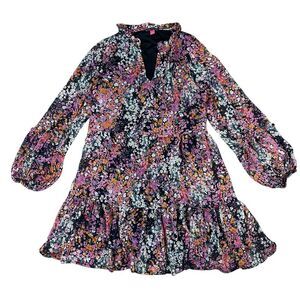 Vince Camuto Floral Short Dress Three Tiered Boho Lined Long Sleeve Size Small